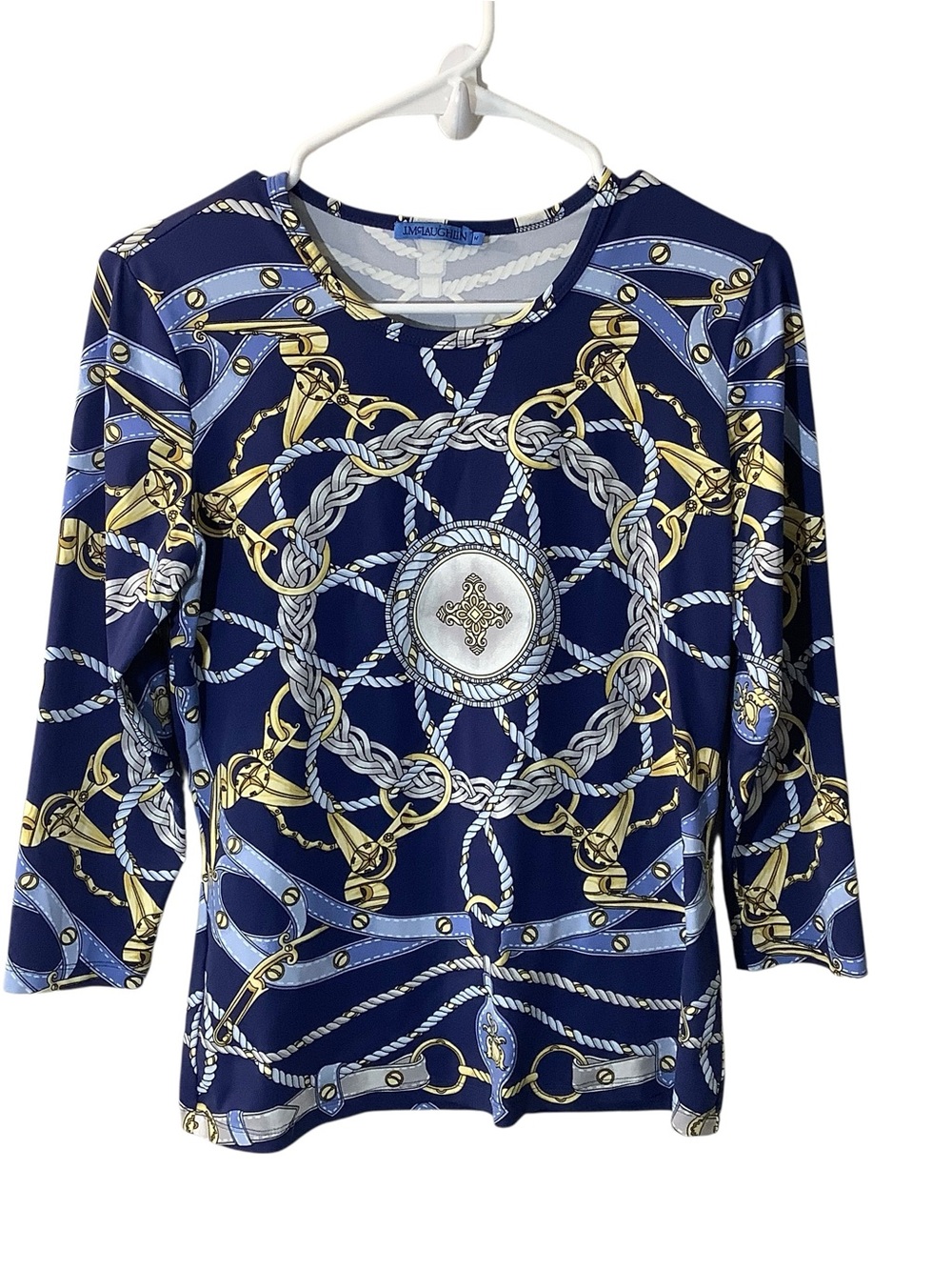 J. McLaughlin Navy, Gold & Light Blue Chain-Print 3/4 Sleeve Top